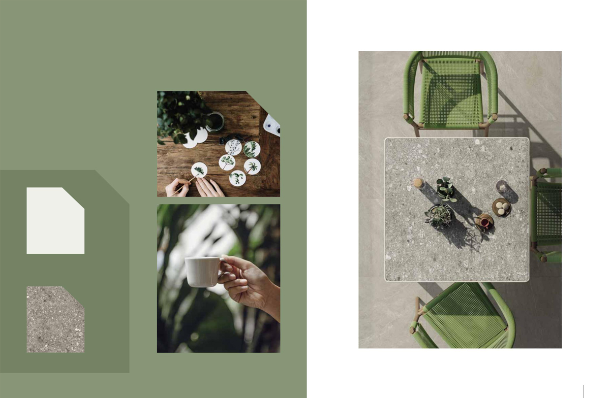 Botanische Lifestyle-Collage mit grünem Seilstuhl