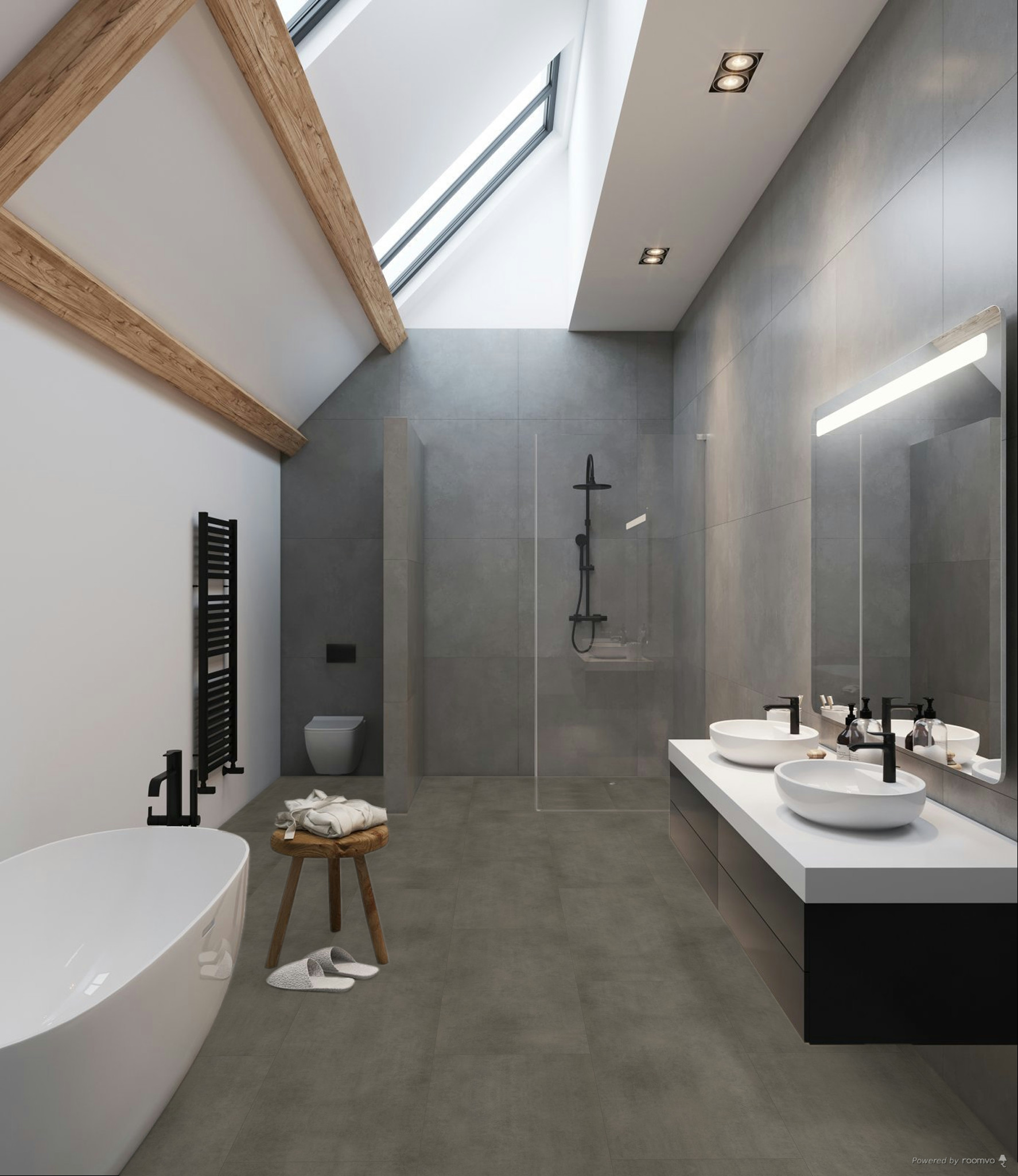 Modernes skandinavisches Badezimmer mit Holzbalken